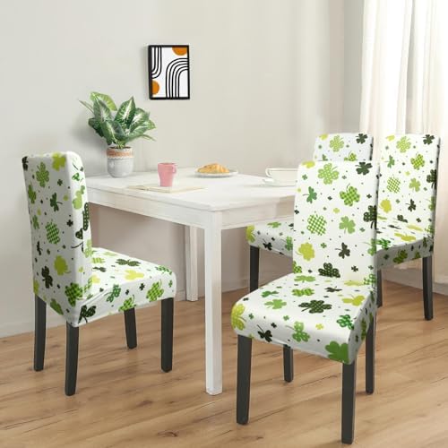 St. Patrick's Day Dining Room Chair Covers，St Patricks Day Chair Covers Set of 4, Green Four Leaf Clover Dining Chair Covers, Elastic Removable Washable Dining Chair Covers
