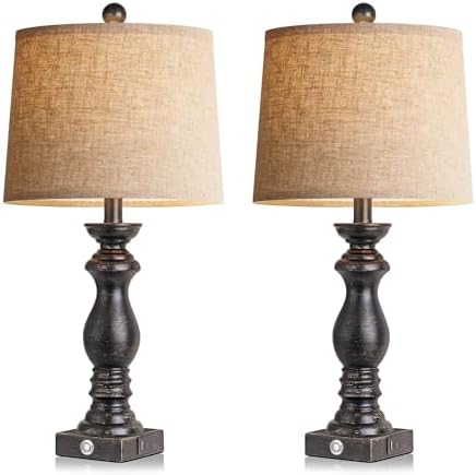 24.5" Table Lamp Set of 2, Rustic Farmhouse Bedside Lamps with USB A+C Charging Ports, 3-Way Dimmable Touch Control
