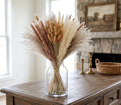 130 Stems 17" Dried Pampas Grass, Boho Table Decor Natural Reed Phragmites Grass + Brown & White Pampas Grass + Bunny Tails Flowers Bouquet for Wedding Floral Arrangements Farmhouse Home Rustic Wall