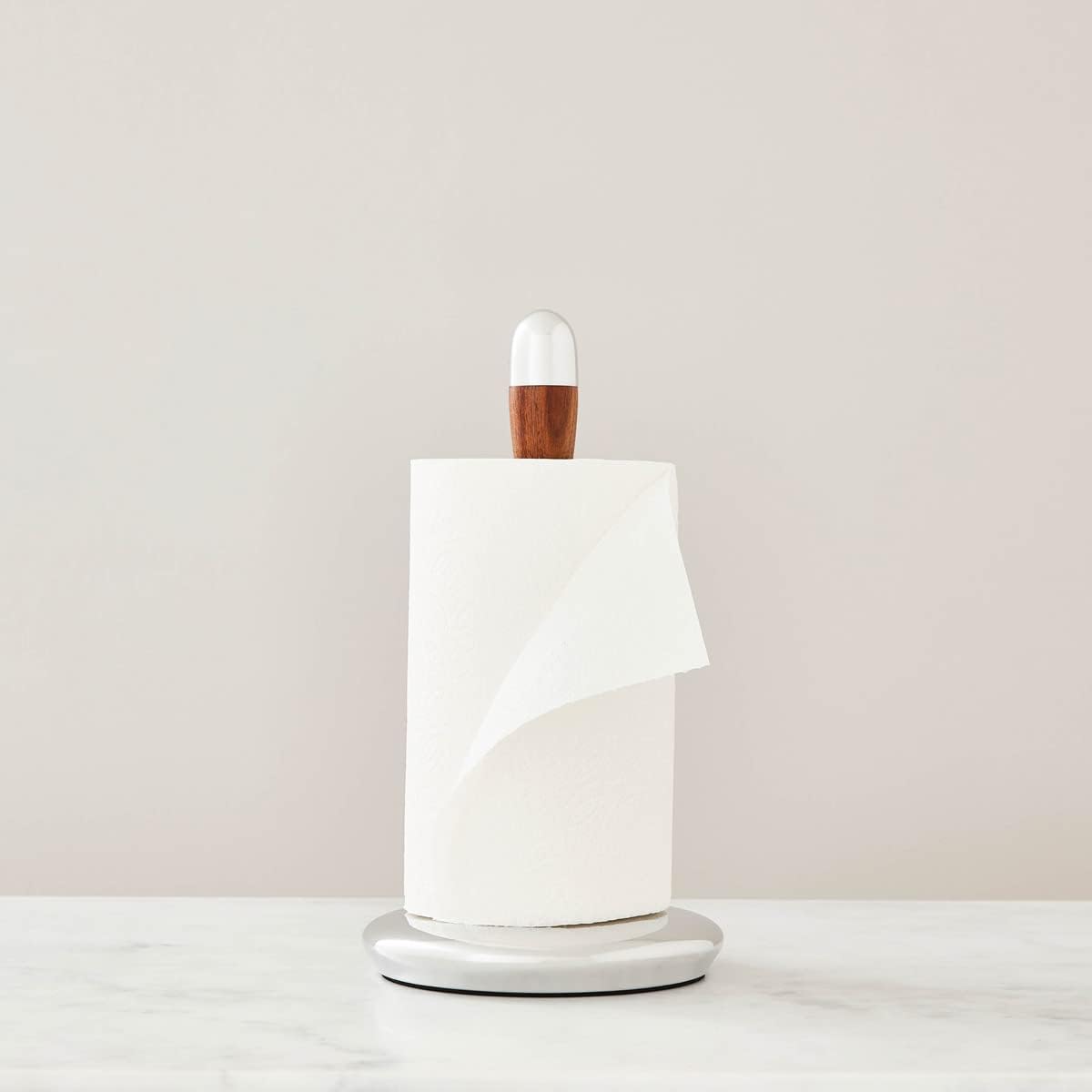 nambe Curvo Paper Towel Holder | Wooden Paper Towel Stand for Countertop | Kitchen Roll Holder with Weighted Base