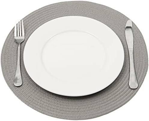 SHACOS Round Braided Placemats Set of 6 Thick Fabric Circle Grey Place Mats Woven Table Mats for Dining Tables 15 inch (Gray, 6)