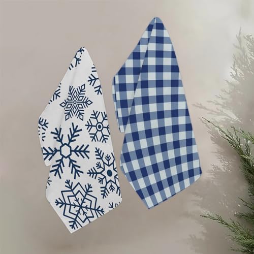 JOOCAR Blue Christmas Kitchen Towels Kitchen Decor Dish Towels Set of 4, 16x27 Inch Seasonal Witner Holiday Drying Dishcloth, Snowflake Blue Buffalo Plaid Decoration Hand Towels