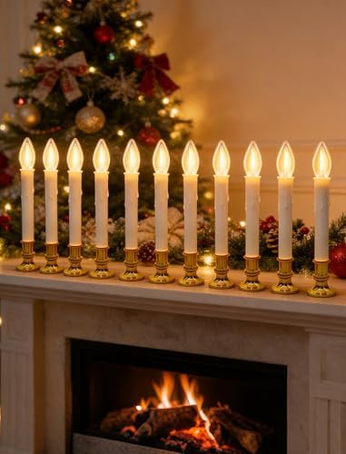 10 Pack Battery Operated Window Candles, Flameless Christmas Electric Candle with 6/18H Timer, Gold Base with Suction Cups, Warm White LED Lights for Xmas Wedding Holiday Indoor Table Window Decor