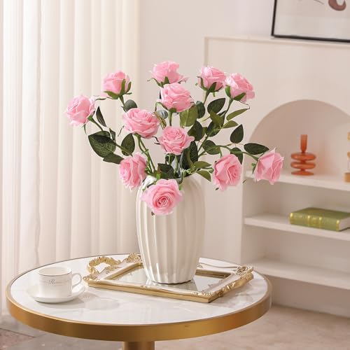 Pink Fake Roses Artificial Flowers - 10 Pcs Fake Artificial Roses Silk Flowers with Stems for Home Wedding Hotel Office Centerpiece Decor