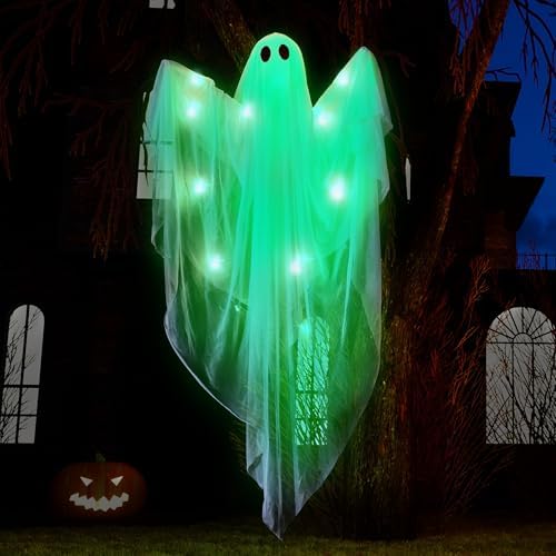 JOYIN Halloween Hanging Light up Ghost, 47" White Ghosts with Green LED Light and Timer Halloween Hanging Decoration Waterproof for Front Yard Patio LawnGarden Party Decor Indoor Outdoor