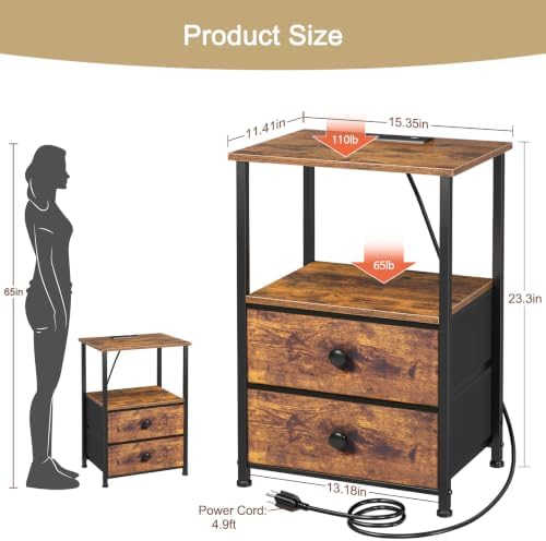 LOAKEKEL Nightstands Set of 2, Night Stand with Charging Station