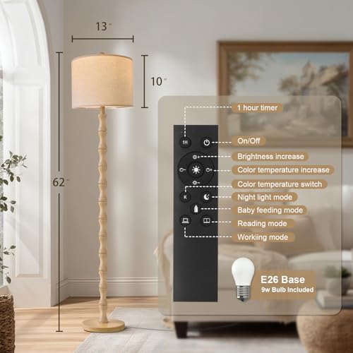 BOBOMOMO 62" Rustic Farmhouse Floor Lamp with Remote & Dimmable 9W Bulb, 3 Color Temperatures Resin Standing Lamp