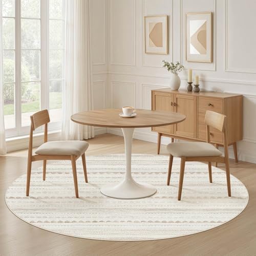 Nakagishi Round Rug Boho Area Rugs: 5x5 Washable Large Circle Neutral Soft Stain Resistant Non-Slip Carpet for Women