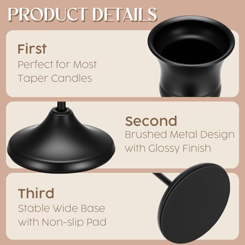 6PCS Brass Black Taper Candle Holders Set, Metal Candlestick Holders