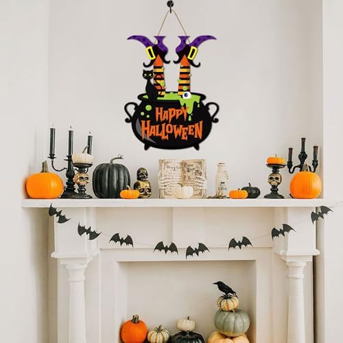 Halloween Witch Door Sign Happy Halloween Wooden Sign Plaque Witch Leg Front Door Hanging Decor Wood Welcome Signs for Home Farmhouse Hanger Porch Wall Decor Witches Party Supplies