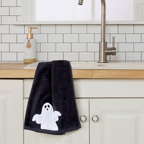 SKL Home Halloween Ghost Hand Towel Set-2pc, 100% Cotton Embroidered, Black