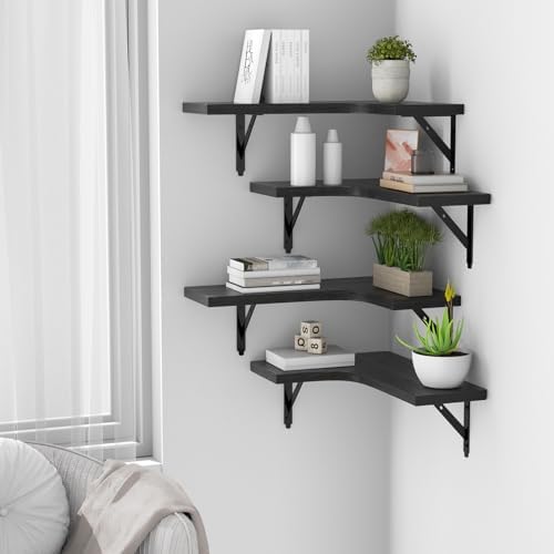 ROMGUAR CRAFT Corner Floating Shelves Wall Mounted Set of 4, Black