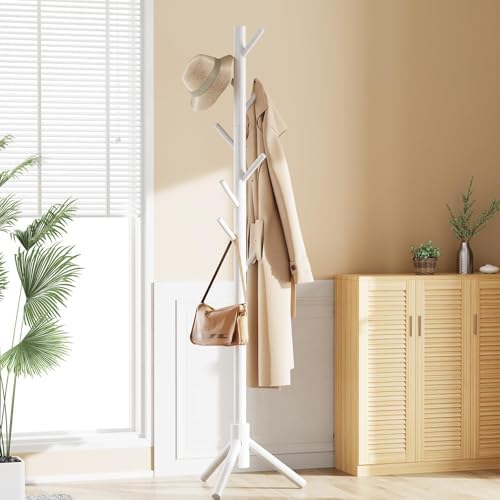 Pipishell Solid Wooden Coat Rack Freestanding with 8 Hooks, White
