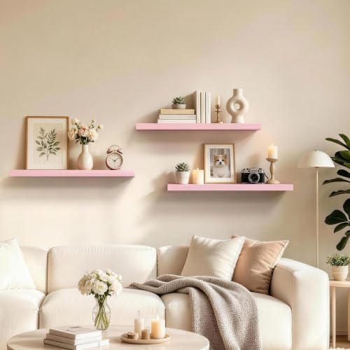 BAYKA Pink Floating Shelves 22.5in, Set of 3, Wall Mounted for Wall Decor