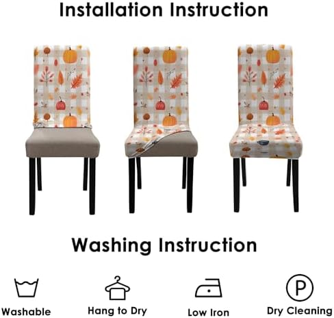 4 Pcs Fall Dining Chair Covers, Autumn Pumpkin Maple Leaves Buffalo Check Stretch Removable Washable Seat Slipcovers, Thanksgiving Kitchen Dining Room Hotel Decor