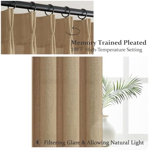 Pleated Linen Rust Brown Curtains 84 Inches Long 2 Panels Set for Bedroom, Memory Trained Pinch Pleat Light Filtering