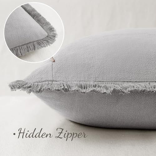 MIULEE Boho Linen Fringe Decorative Throw Pillow Covers Light Grey 18x18