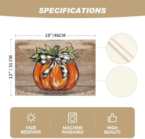 Artoid Mode Wood Pumpkin Bowknot Fall Placemats Set of 4-12 x 18 Inch