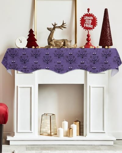 Halloween Mantel Scarf for Fireplace, Haunted House Ghost Purple Halloween Fireplace Cover Decorations Indoor Trick or Treat Mantel Top Scarf Runner for Seasonal Fall Holiday Party, 17 x 90 Inch