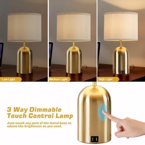 Bedside Lamp with USB Port, Touch Control Table Lamp for Bedroom, Dimmable Modern Nightstand Lamp with Fabric Shade