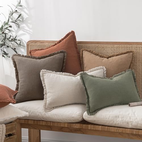 MIULEE Boho Linen Fringe Decorative Fall Throw Pillow Covers Coffee 18x18