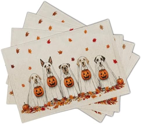 Halloween Placemats Set of 4 18x12 Inch Ghost Dog Pumpkin Fall Maple Leaves Linen Place Mats Heat-Resistant Washable Wipeable Autumn Holiday Table Mat for Party Kitchen Dining Room Dinner Table Decor