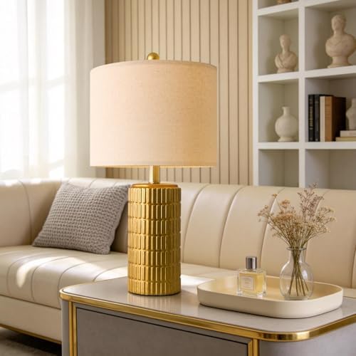 PoKat 20.75" Brass Gold Ceramic Table Lamps Set of 2 for Living Room, Small Retro Bedside Lamps for Bedroom, Nightstand