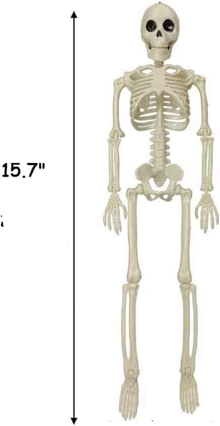 Halloween Skeleton Decorations Outdoor, 16" Plastic Posable Skeleton with Movable Joints, Small Creepy Scary Skeletons for Halloween Decor, Graveyard Haunted House Props