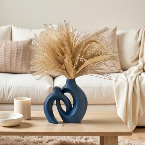 Lvases Snuggle Hollow Ceramic Flower Vase of 2, Navy Blue Home Decor Vases