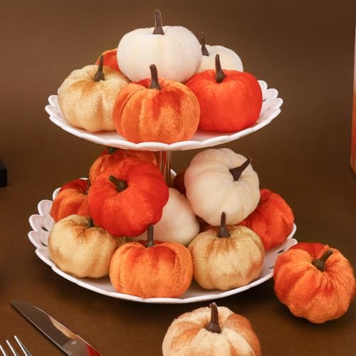 Folmywy 24 Pcs Faux Velvet Pumpkins Small Artificial Fall Harvest Pumpkin