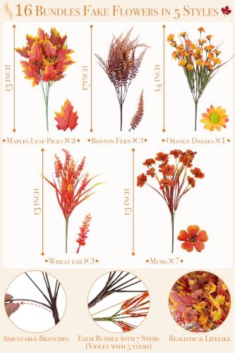 16 Bundles 5 Styles Artificial Fall Flowers for Outdoors Fall Decoration