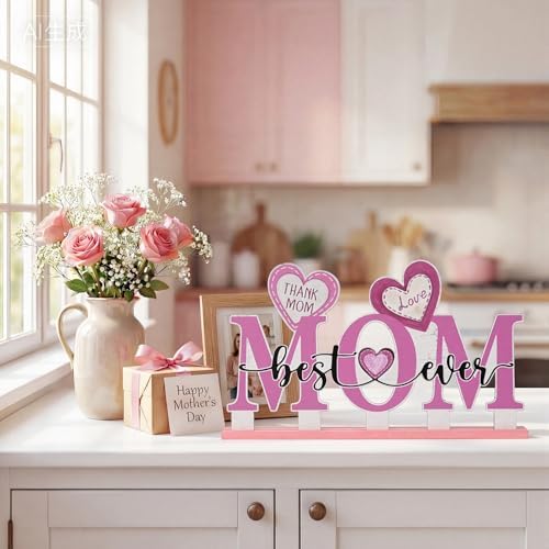 Smile Happy Mother's day Indoor Decorations Wooden Decor Table Centerpiece Thank You Mom Wooden Plaque Ornaments for Home Kitchen