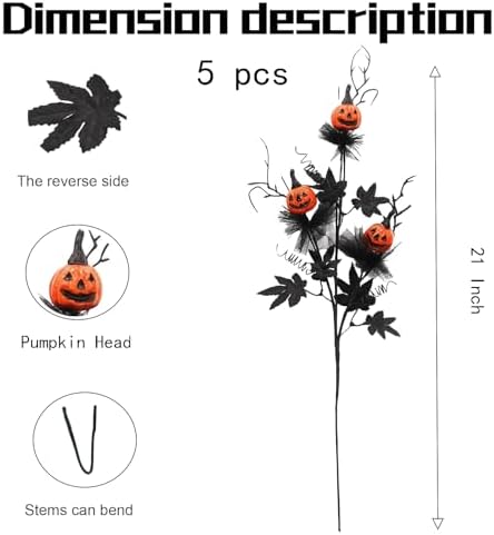 5PCS Halloween Decorations, Black Artificial Flowers, 21 Inch Artificial Pumpkin Maple Leaf Floral Stems Halloween Branches Decoration for Indoor Home Farmhouse Party Vase Arrangement Décor