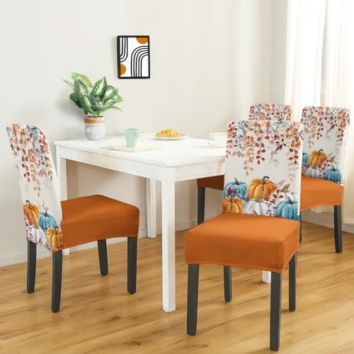 Fall Chair Covers Set of 6,Thanksgiving Parsons Chair slipcovers,Fall Pumpkin Kitchen Dining Room Decor Chair Seat Cover Protectors(Orange Pumpkin,6 Pack)