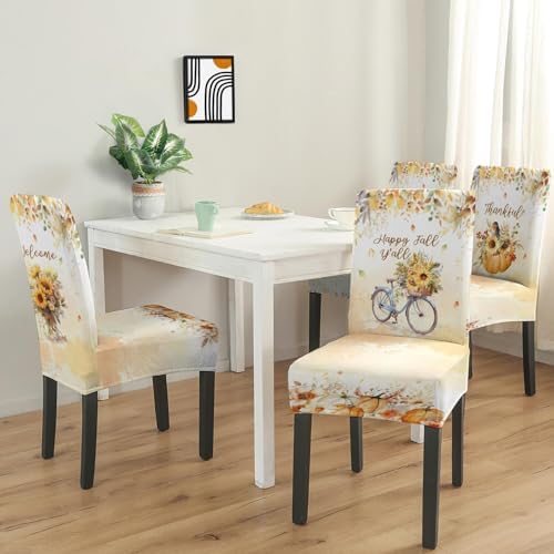Fall Chair Covers Set of 4, Fall Decorations Stretch Removable Washable Dining Room Thanksgiving Chair Protector Slipcovers Autumn Decor Holiday Party Kitchen Home Decorations (Fall 2, 4 PCS)