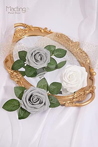 MACTING 30PCS Grey Artificial Roses with Stems, Real Touch Foam Flowers