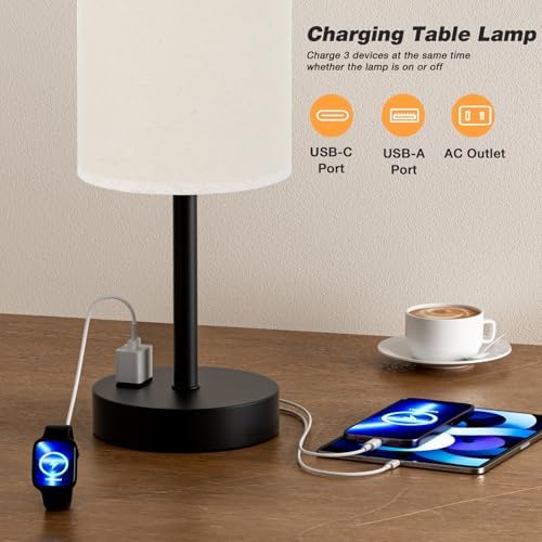 Fenmzee 17.4" Beige Lamp for Bedroom - Dimmable Touch, USB A+C, AC Outlet