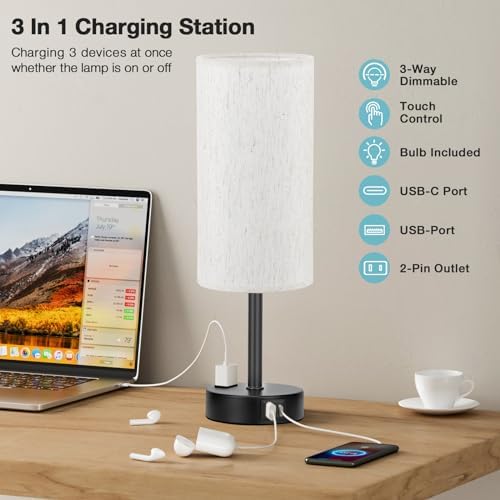 Fenmzee Turquoise Bedside Table Lamp, Dimmable Touch, USB A+C, AC Outlet