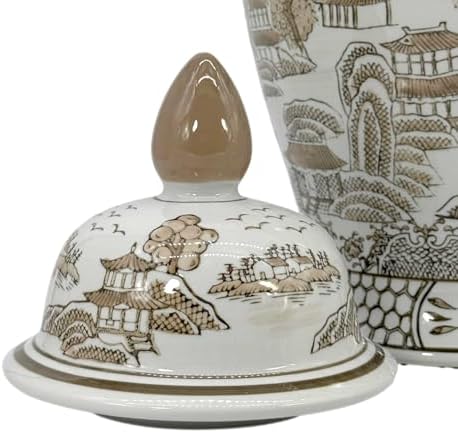 Galt International Brown & White Floral Chinoiserie Ceramic Temple Jar 18" w/Lid - Ginger Jar Home & Kitchen Decor for