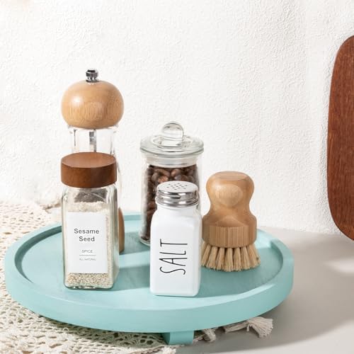 Round Decorative Tray Wood Bathroom Counter Organizer Farmhouse Kitchen / Light Blue / Set of 10