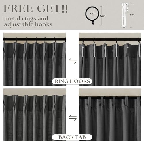 Charcoal Grey 84 Inch Pinch Pleated Linen Semi Sheer Curtains 2 Panel Set