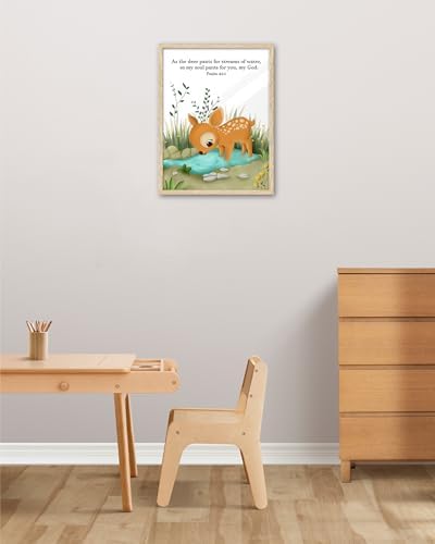 KensTro 12x16 Oak Framed Psalm 42:1 Deer Christian Wall Art
