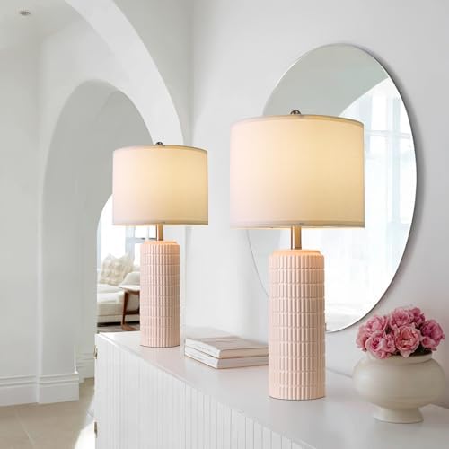 PoKat 27.5" Pink Ceramic Table Lamps for Girls Room Set of 2, Modern Bedroom Lamps, Bedside Lamps for Night Stands