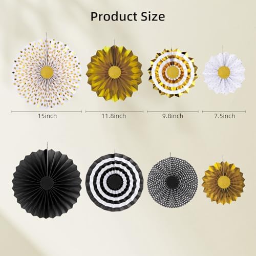 8 PCS Black Gold Party Hanging Paper Fans Decorations,Round Flower Paper Pompoms Fan for Photo Backdrop Halloween Graduation Birthday Wedding Party Decorations
