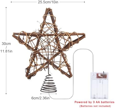 Christmas Tree Topper Farmhouse Christmas Decor Christmas Tree Decorations Rattan Natural Christmas Tree Star with 10 Warm LED Lights for Rustic Christmas Ornaments Holiday Seasonal Decoration 10 Inch