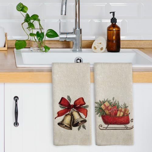 Coquette Red Bow Christmas Bell Kitchen Dish Towels 16x24, Set of 2