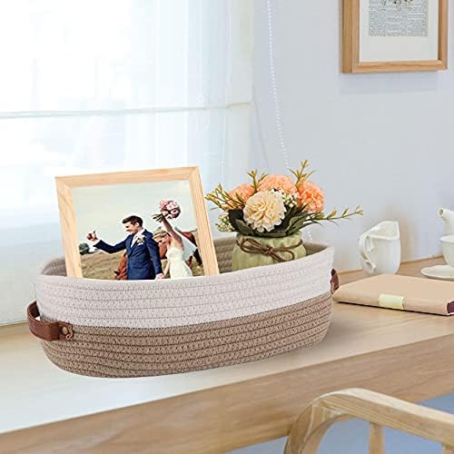 Farmhouse Home Decor Organizing Baskets " Brown / Brown Stitching White / 13 x 5.9 x 4