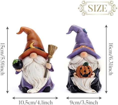 Valery Madelyn Gnomes Halloween Decorations Indoor, 2 Pcs Resin Gnome Decor for Home with Witch Hat Broom Jack O Lantern Moon, Halloween Figurines Elf Dwarf for Table Tiered Tray Outdoor, 6.3"