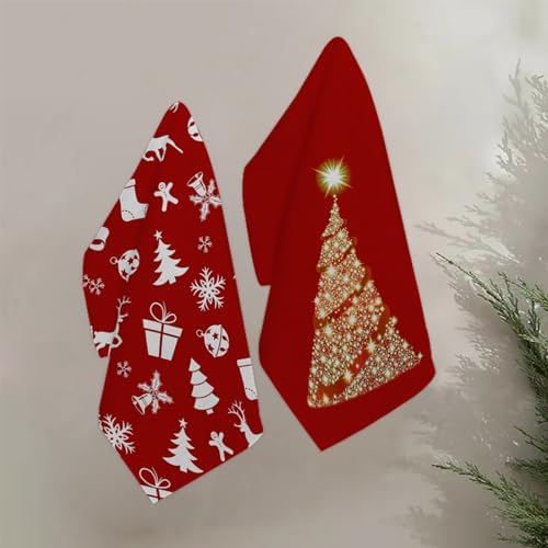 JOOCAR Red Christmas Kitchen Towels Bright Kitchen Decor Dish Towels Set of 2, 16x27 Inch Seasonal Gold Christmas Tree Drying Dishcloth, Cartoon Christmas Decoration Hand Towels