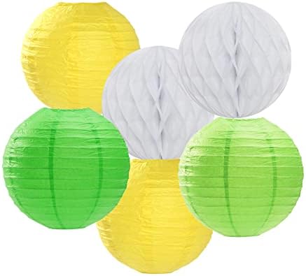 Yellow-White Green Party-Decorations Streamers-Lanterns - 14pcs Spring Summer Garden Tea Paper Fan,Birthday Baby Bridal Shower Wedding Tissue Pom Poms,Classroom Honeycomb Balls Decor Lasting Surprise
